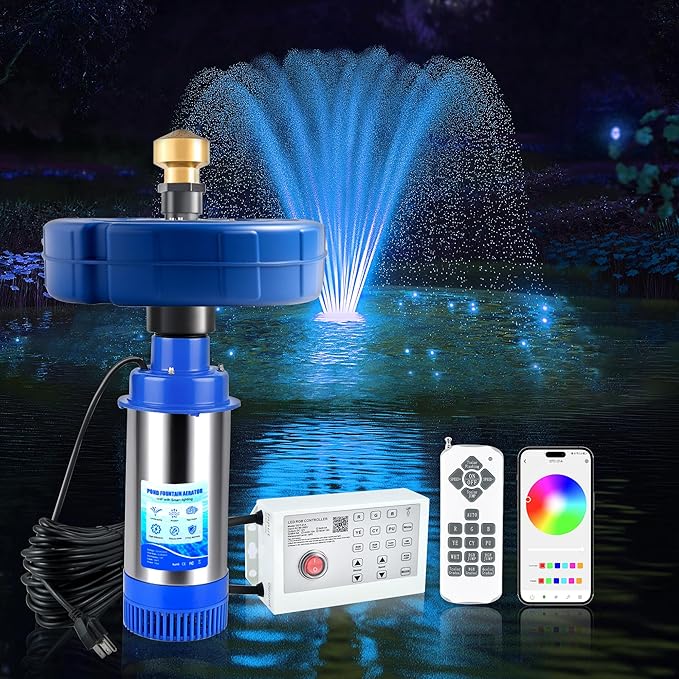Pondvita RGB LED Pond Fountain Aerator 750W with Color-Changing Light Show, 1HP 15000 GPH Floating Aerating Pump, 100ft Power Cord, Controller, APP & Remote Control, Perfect for Ponds & Lakes(120V)