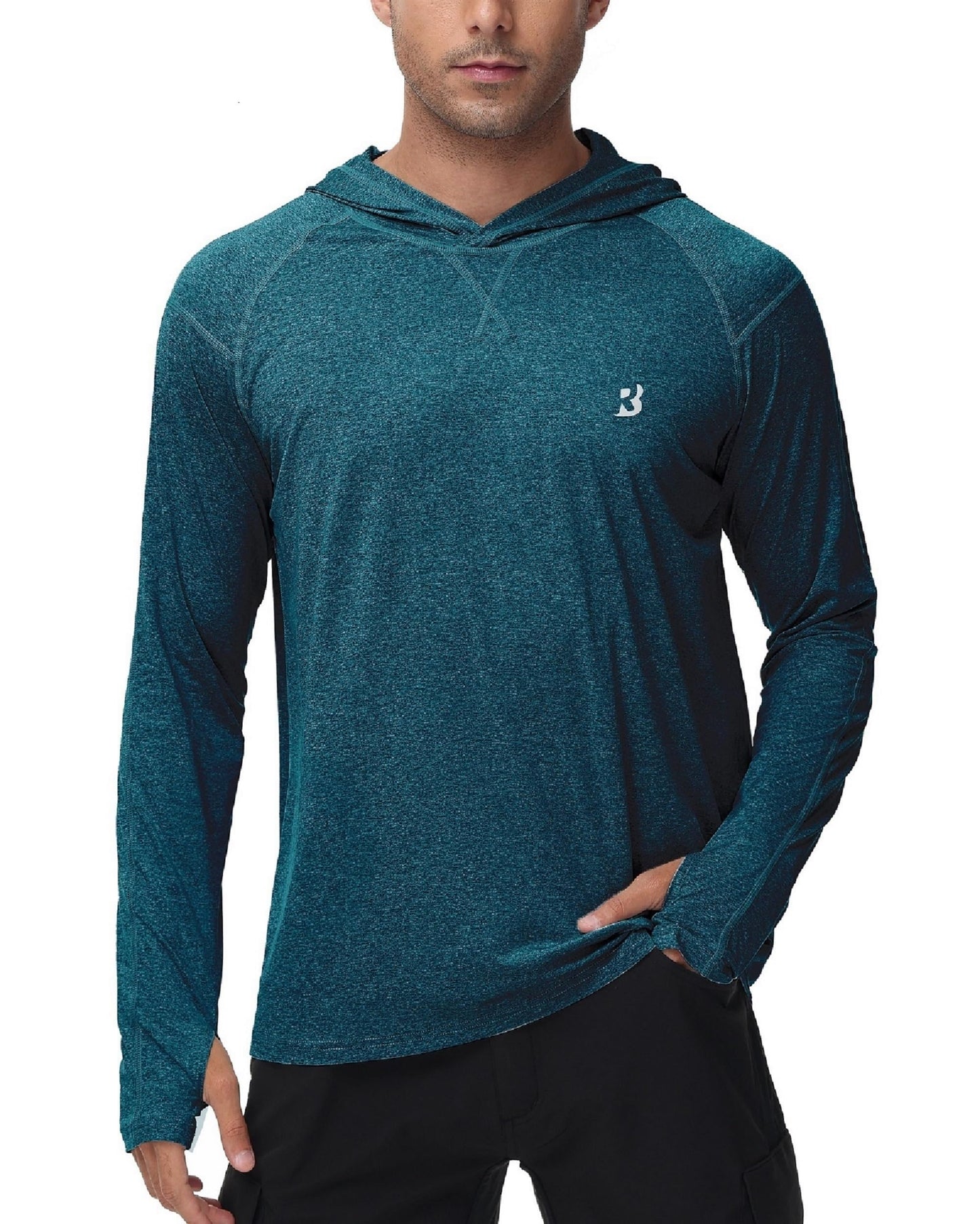 Mens UPF 50+ Fishing Swim Shirt - Long Sleeve Sun Shirts Rashguard Running Hiking Beach Workout Hooded Shirt with Thumbhole