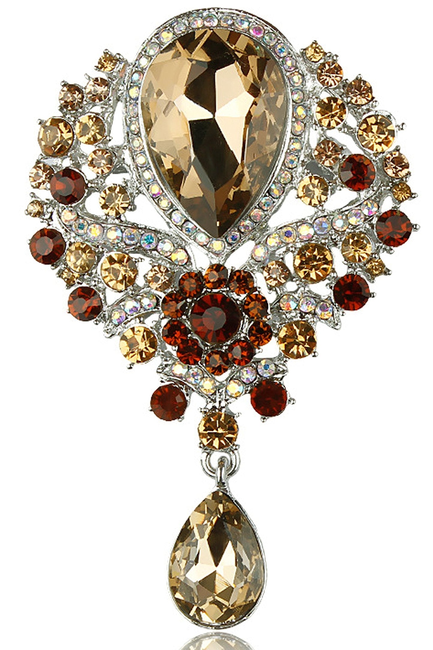 Gyn&Joy Women's Vintage Silver Tone Crystal Rhinestone Flower Wedding Bridal Teardrop Brooch Pin BZ098