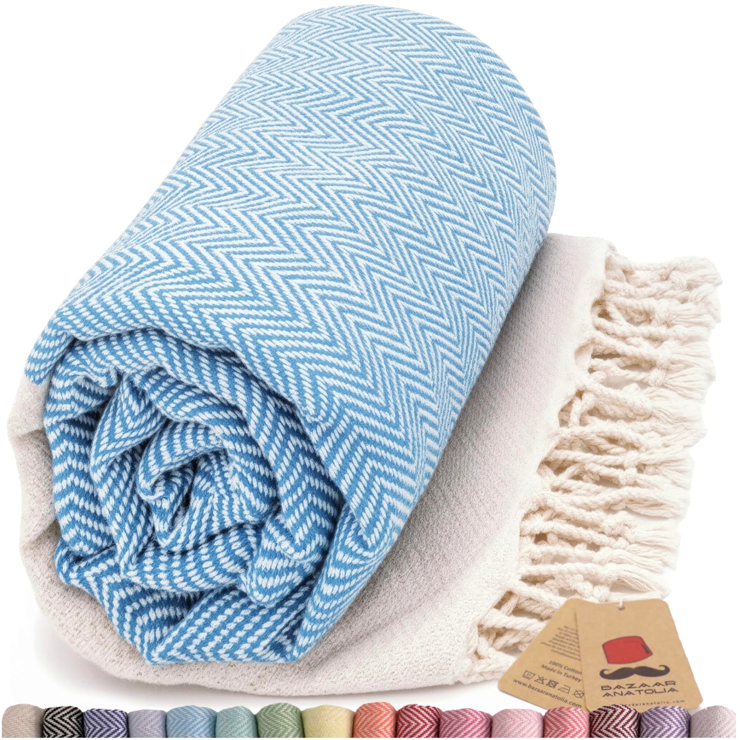Bazaar Anatolia Turkish Beach Towel 100% Cotton Bath Towels 71x39 Quick Dry Sand Free Lightweight Large Oversized Herringbone Turquoise