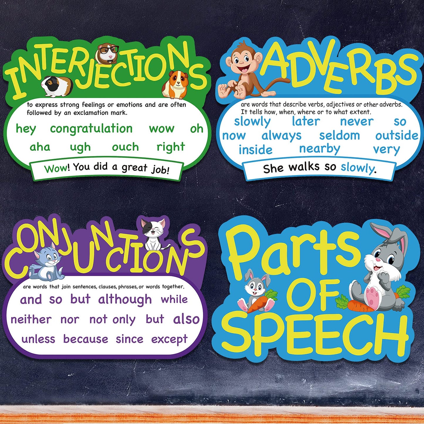 Outus 10 Pcs Parts of Speech Poster for Classroom Teachers (Bright, Animal)