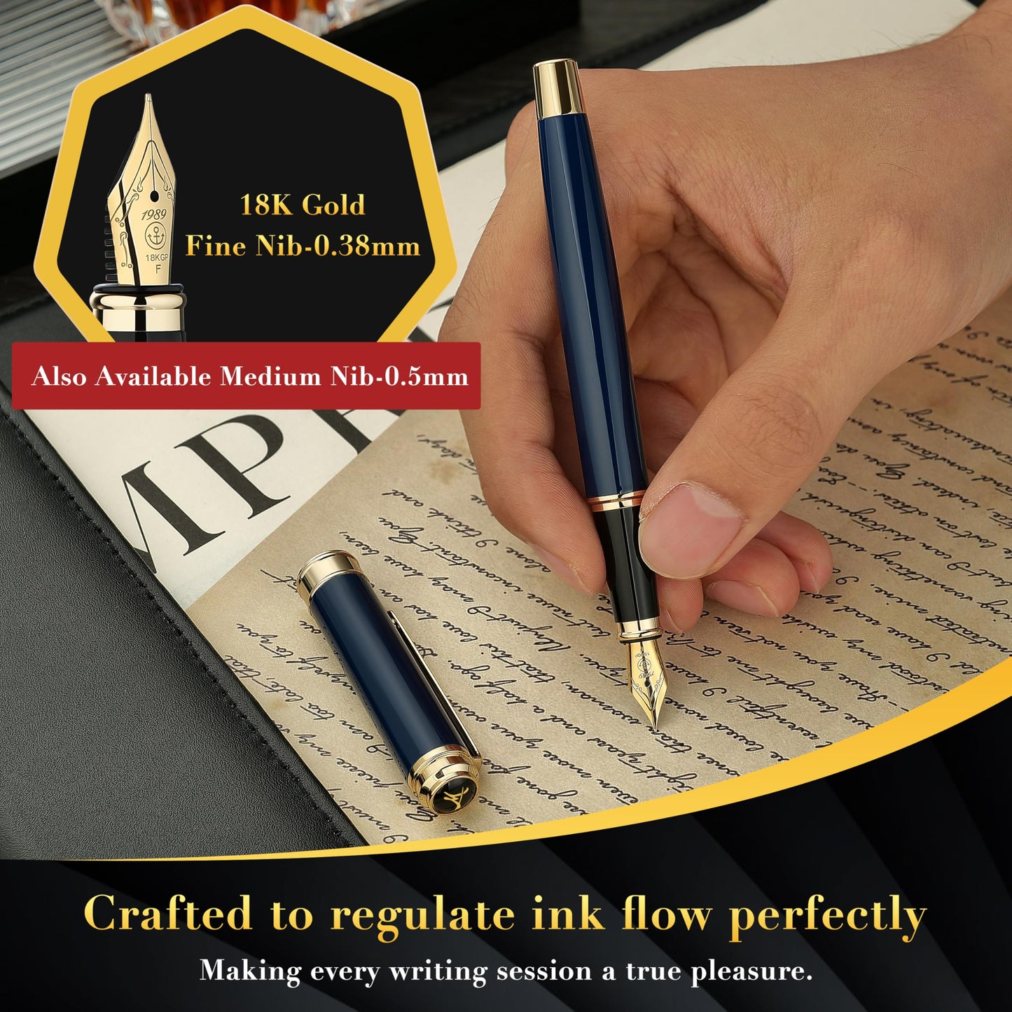 MCNTEIK 317 Fountain Pen,Stunning Luxury Piano Lacquer,18K Gilded Nib(Fine),Gorgeous 24K Gold Finish, Ink Converter,Best Gift for Men&Women-Elegant,Executive,Nice Pens for Writing, BU-F