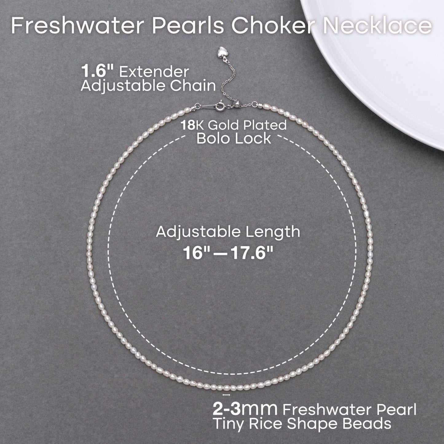 Pearls Necklace, Freshwater Tiny Small Rice Pearls Necklace for Women's Pearl Strand Necklace Chain 18K Gold Plated Hypoallergenic White Necklace as Prom Bridesmaid Birthday Gifts(Rice, 18KWGP Lock)