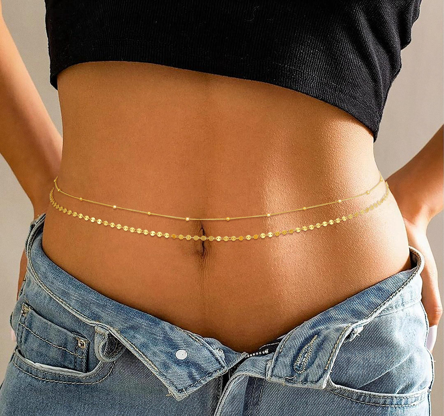 MFRYK 2PCS 14K Gold Plated Waist Chain Layered Beaded Satellite Disc Belly Body Chain Boho Beach Waist Chains For Women Adjustable Waterproof Sexy Bikini Body Chain Jewelry For Women