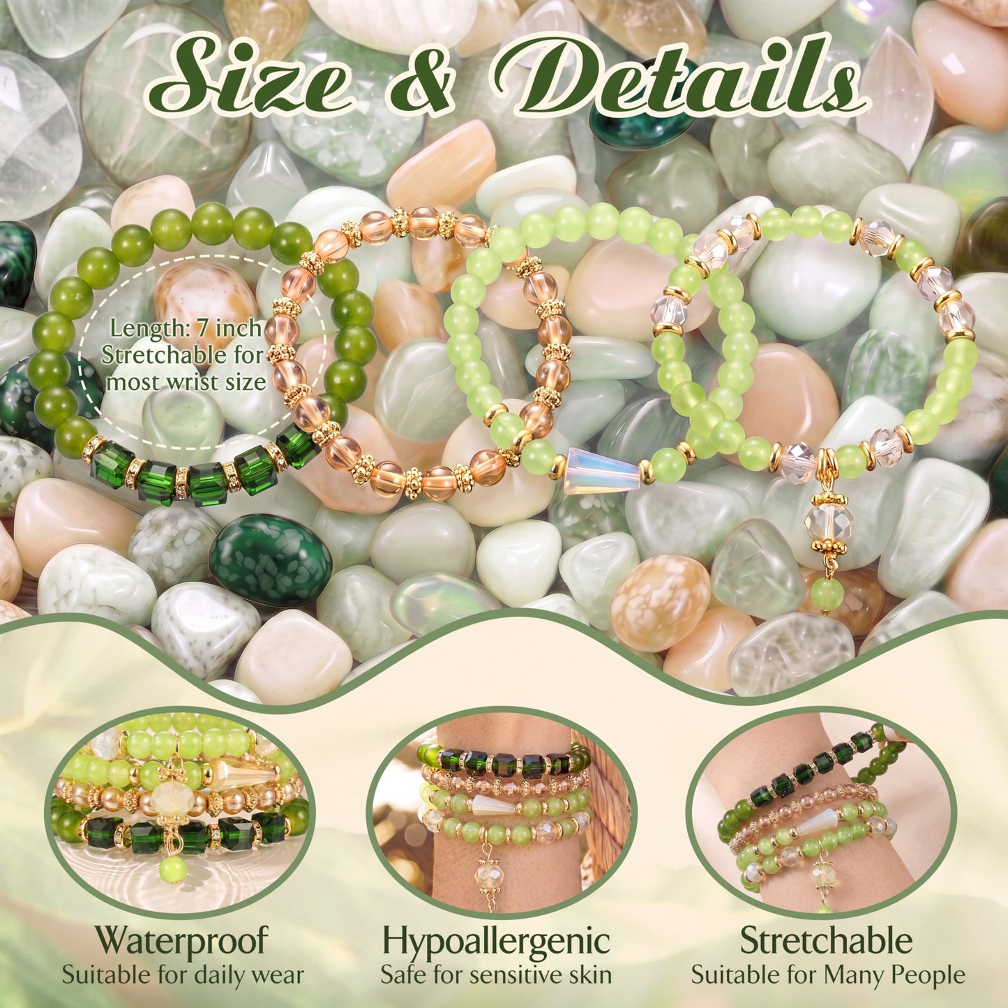 Tungary 4Pcs Beaded Bracelets for Women Bohemian Bracelet Stacks Handmade Natural Stone Stretch Bracelets Multi-Color Daily Wear Accessories Summer Beach Boho Jewelry Gift Green Style
