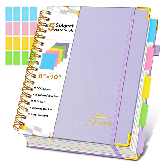 Spiral Notebook Journal with Removable Dividers Tabs, 300 Pages Hardcover Leather 5 Subject College Ruled Notebook, 8"x10" Large B5 Lined Journal for Women Men, Spiral Notebooks for Work School,Purple