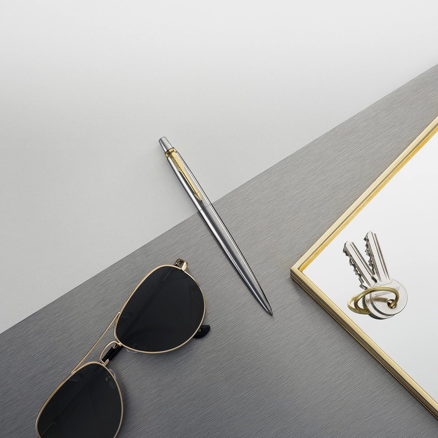 Parker Jotter Ballpoint Pen, Stainless Steel with Golden Trim, Medium Point, Blue Ink, Gift Box - Smooth Writing, Sleek, Polished, Professional, Desk Essentials