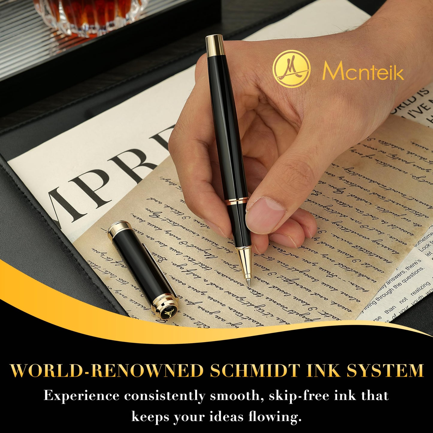 MCNTEIK 317 Rollerball - Stunning Luxury Black Lacquer Pen with 24K Gold Finish, Schmidt Black Ink Refill, Best Gift Set for Men & Women, Executive Office, Christmas, Nice Classic Pens-Black