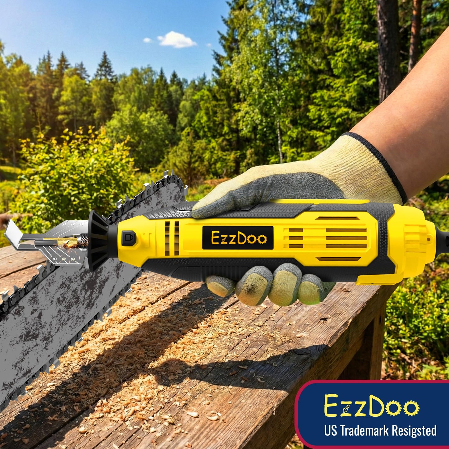 EzzDoo Electric Chainsaw Sharpener Kit with 6 Titanium-Coated Diamond Bits - Handheld Chain Saw Sharpener Tool for All Chains - No Removal Required, Easy and Fast Chainsaw Sharpening Kit