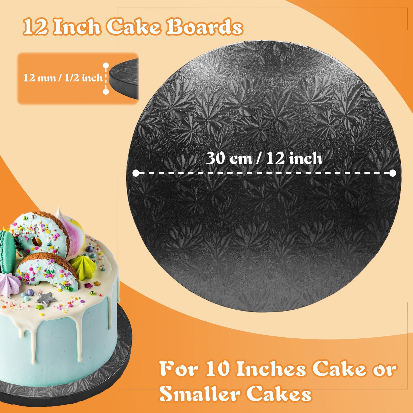 GoldenBakeryFamily 12 Inch Cake Drums,Black Cake Boards 12 Inch Round(4-Pack),1/2 Inch Thick Cake Boards with Banner Cake Topper,Sturdy,Greaseproof for Birthday Wedding Multi-Tiered Cake
