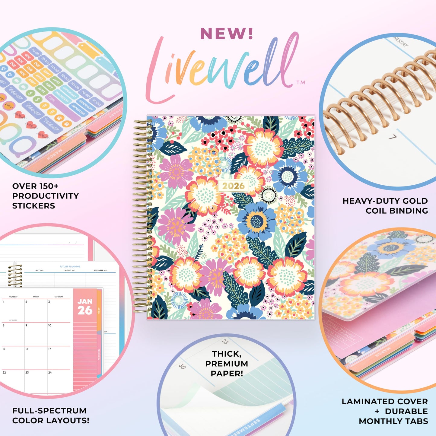 Blue Sky Livewell 2026 Weekly and Monthly Planner Calendar, January 2026 - December 2026, 7" x 9", Flexible Laminated Cover, Heavy Duty Coil Binding, Colorful Premium Paper, Includes Storage Pocket, Stickers, Charmie