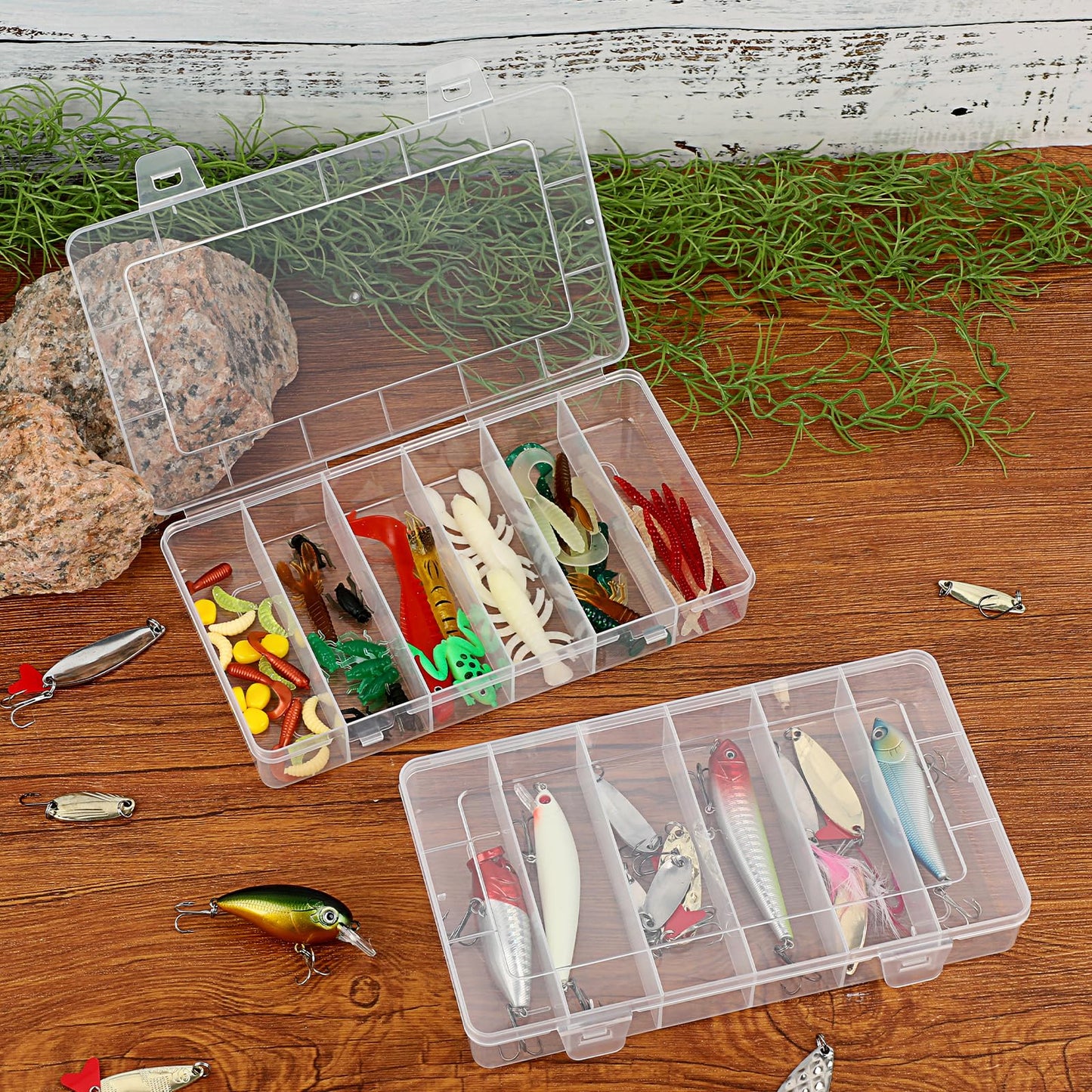 JUXYES 2Pack Plastic Small Fishing Tackle Box Organizer with 6 Compartments, Clear Mini Fishing Tackle Storage Boxes with Dividers, Transparent Fish Pocket Tackle Storage Box Lure Box