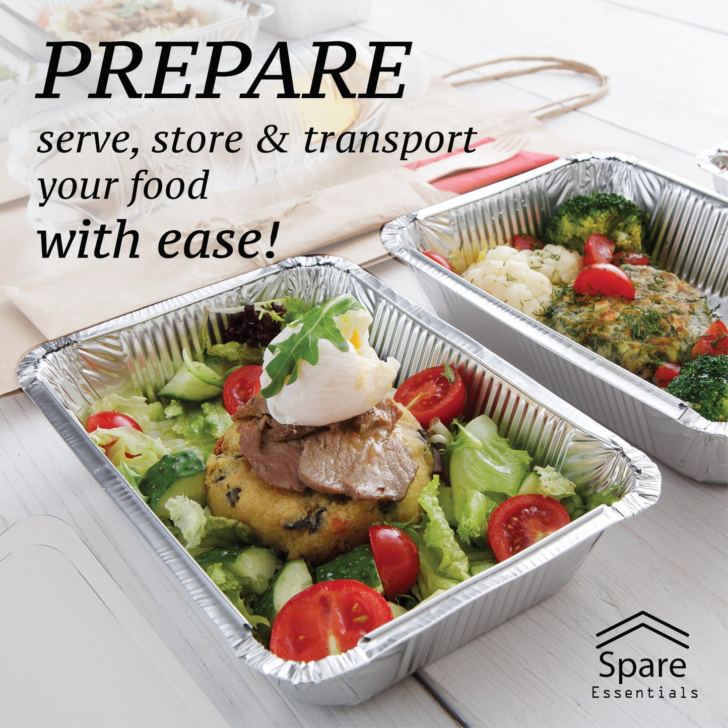 Spare Essentials 55 Pack - 2.25 LB To Go Aluminum Containers with Lids - Heat Proof Foil Tins for Meal Prep, Take Out, Freezer Meals