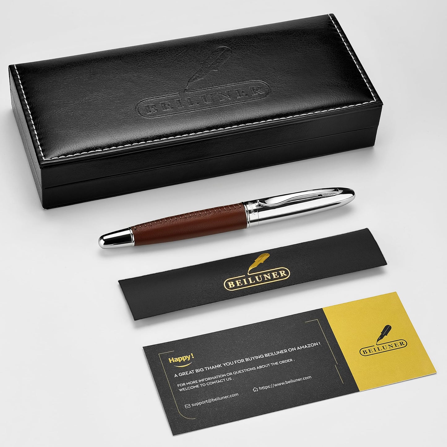 BEILUNER 318 Luxury Leather Pen, Hand-Stitched Premium Leather, Chrome-Plated Finish, Schmidt Ink Refill, Fancy Rollerball Pen Gift Set for Men & Women, Executive Writing, Nice Designer pen