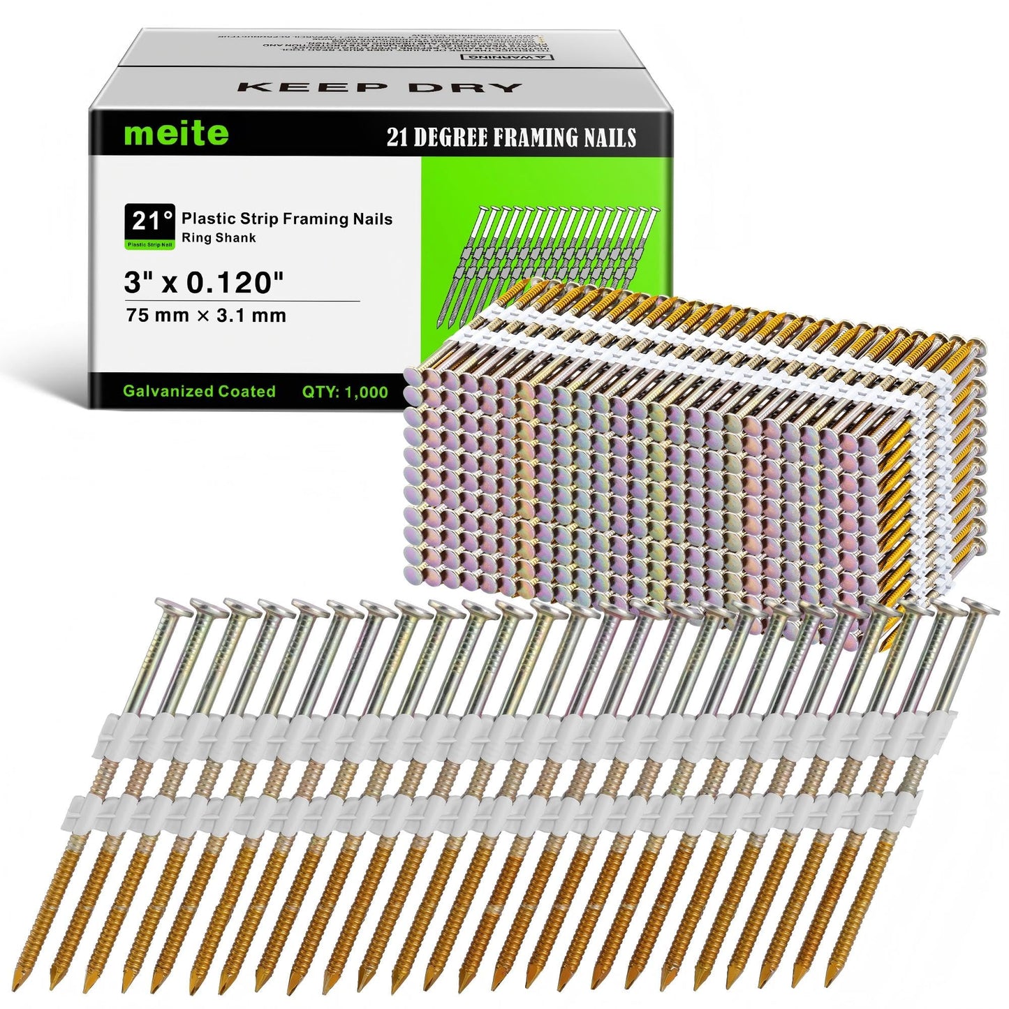 meite 21 Degree Framing Nails 3 Inch x 0.120'', Ring Shank Galvanized Plastic Collated Framing Nails for 21 Degree Framing Nailer, Full Round Head Structural Nails for Fencing Decking Sheding 1,000PCS