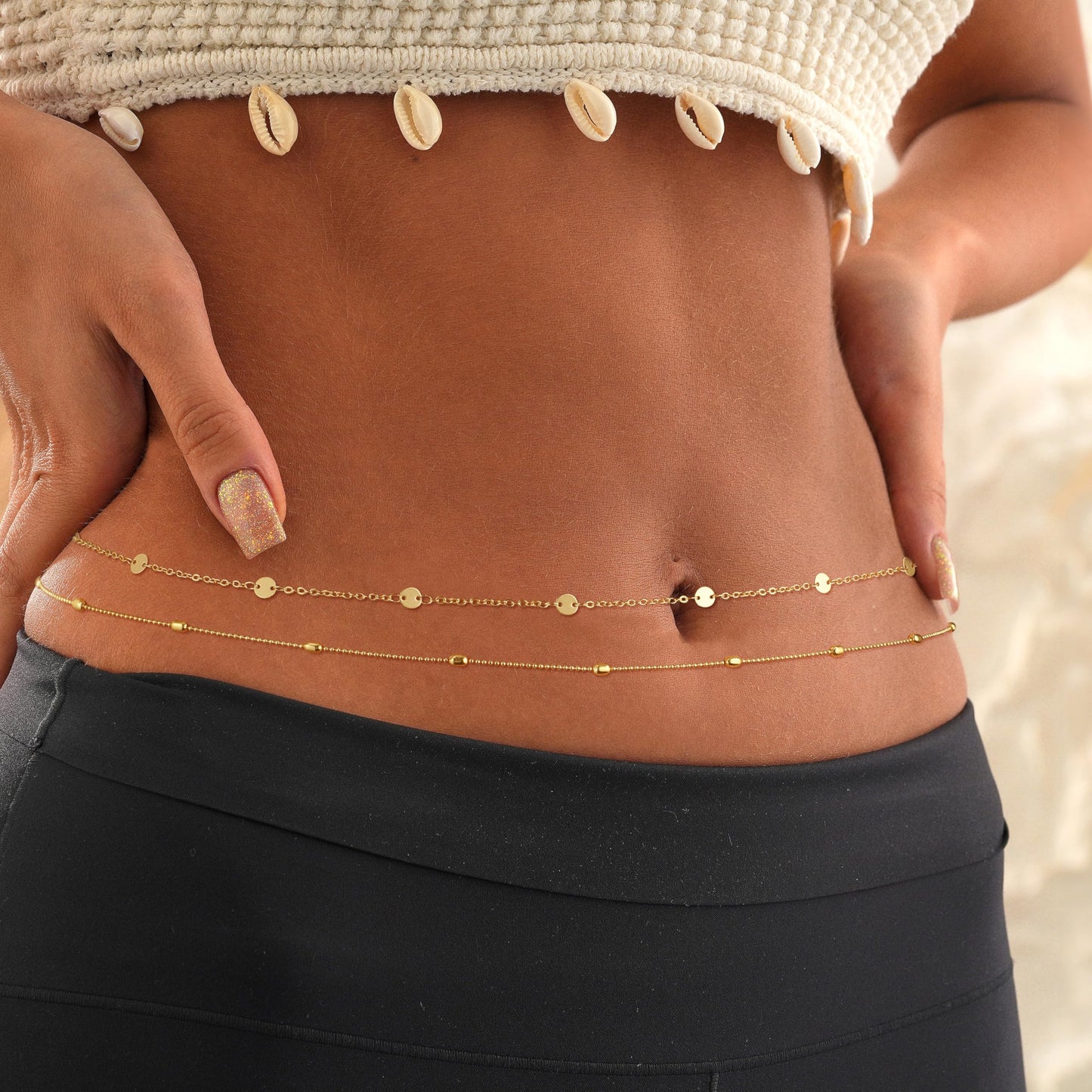 Kyerlyn Waist Body Chains for Women 14K Gold Plated 2Pcs Layered Coin Balls Belly Belt Waterproof Adjustable Bikini Body Jewelry Daily Chain Belts Jewelry Gifts 2Pcs