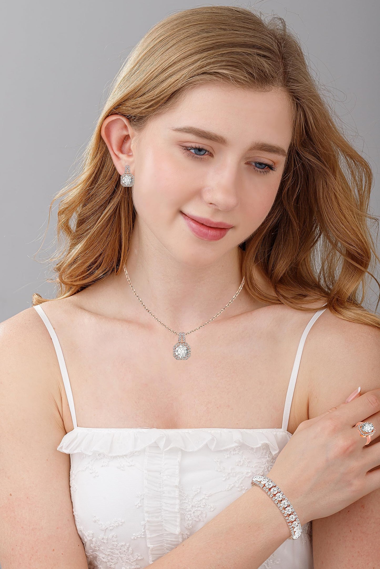 Paxuan Crystal Rhinestone Wedding Jewelry Sets Bridal Pendant Necklace Stud Earrings Link Bracelets Rings Set for Women (Gold Plated White Cubic Zirconia)