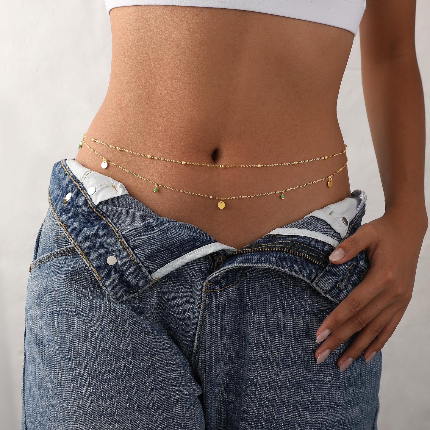 Waist Chain for Women 14K Gold Plated Waist Beads Chains Layered Beads Disc Peacock Green Bead Link Gold Belly Chain Belly Belt Body Chains Adjustable Sexy Bikini Body Jewelry Daily Gifts for Women