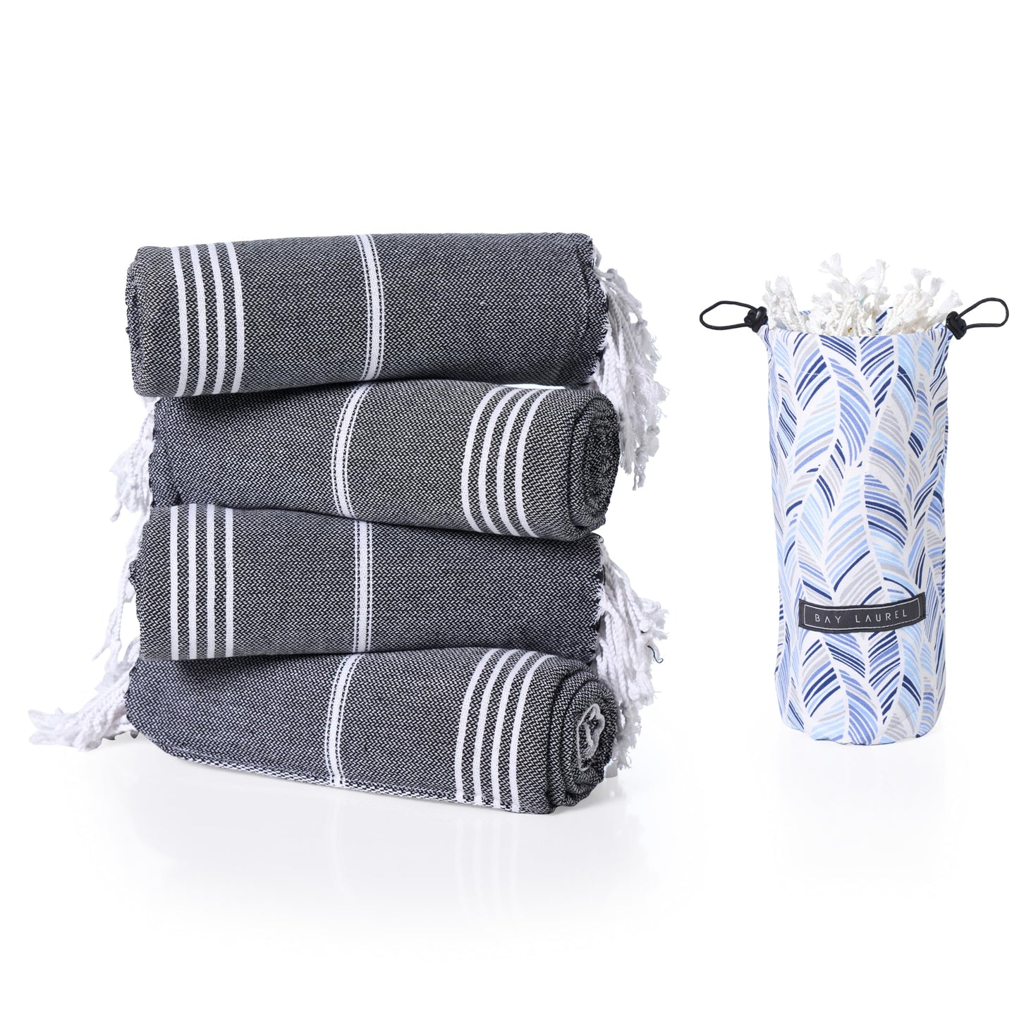 BAY LAUREL 4-Pack Oversized Turkish Beach Towels – Quick Dry, Sand Free Towels with Travel Bags, 39"x71", Lightweight (Pack of 4 - Black with Blue Floral Bag)