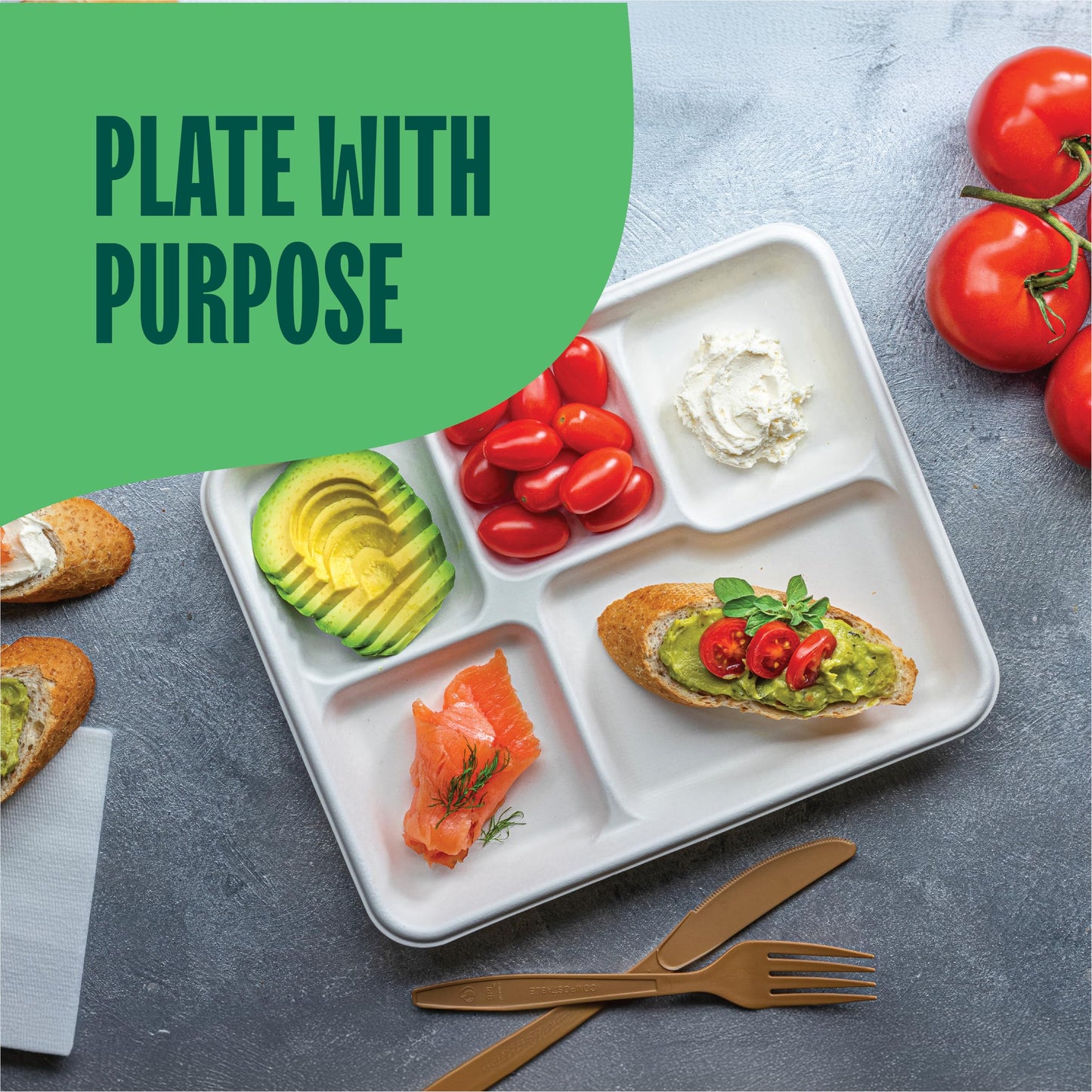 100% Compostable Paper Plate 125-Pack 5-Compartment Bagasse School Lunch Tray, Heavy Duty Quality Disposable Tray, Eco-Friendly Made of Sugar Cane Fibers