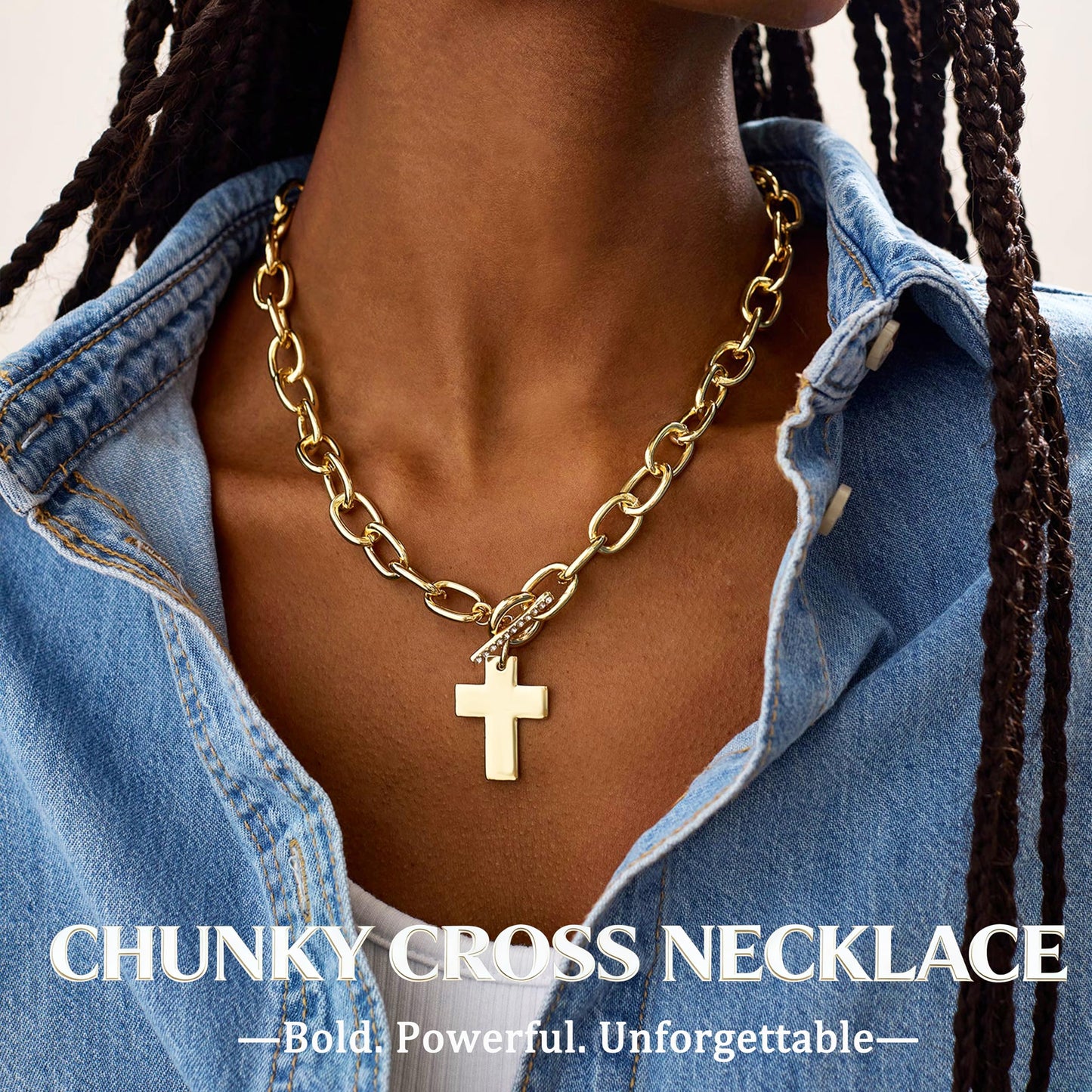 FAXHION Chunky Cross Necklace for Women, Gold Toggle Chain Statement Necklace with Hammered Cross Pendant, Vintage Chunky Necklace Jewelry Gift for Women