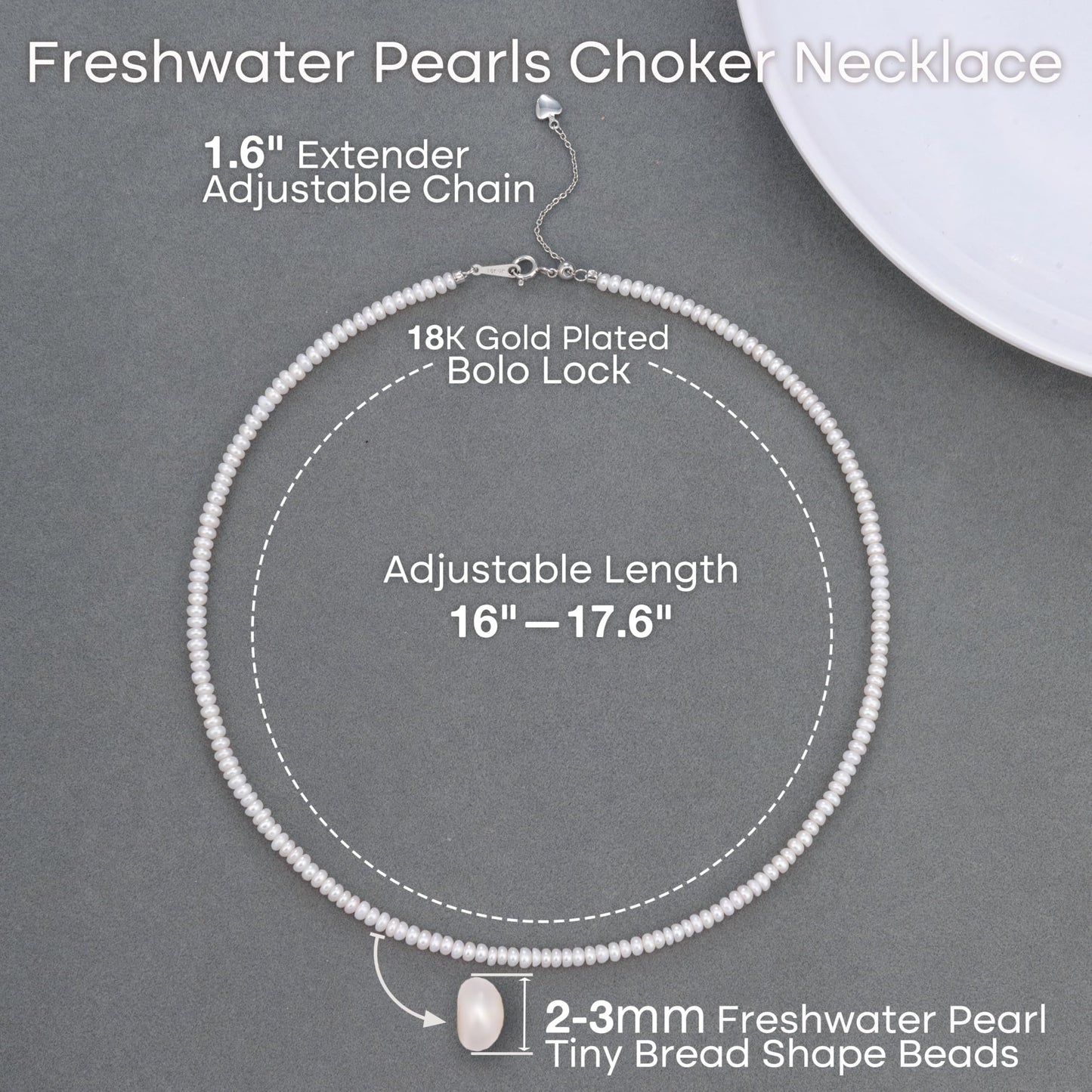 Pearls Necklace, Freshwater Tiny Small Bread Pearls Necklace for Women's Pearl Strand Necklace Chain 18K Gold Plated Hypoallergenic White Necklace as Prom Bridesmaid Birthday Gifts(Bread, 18KWGP Lock)