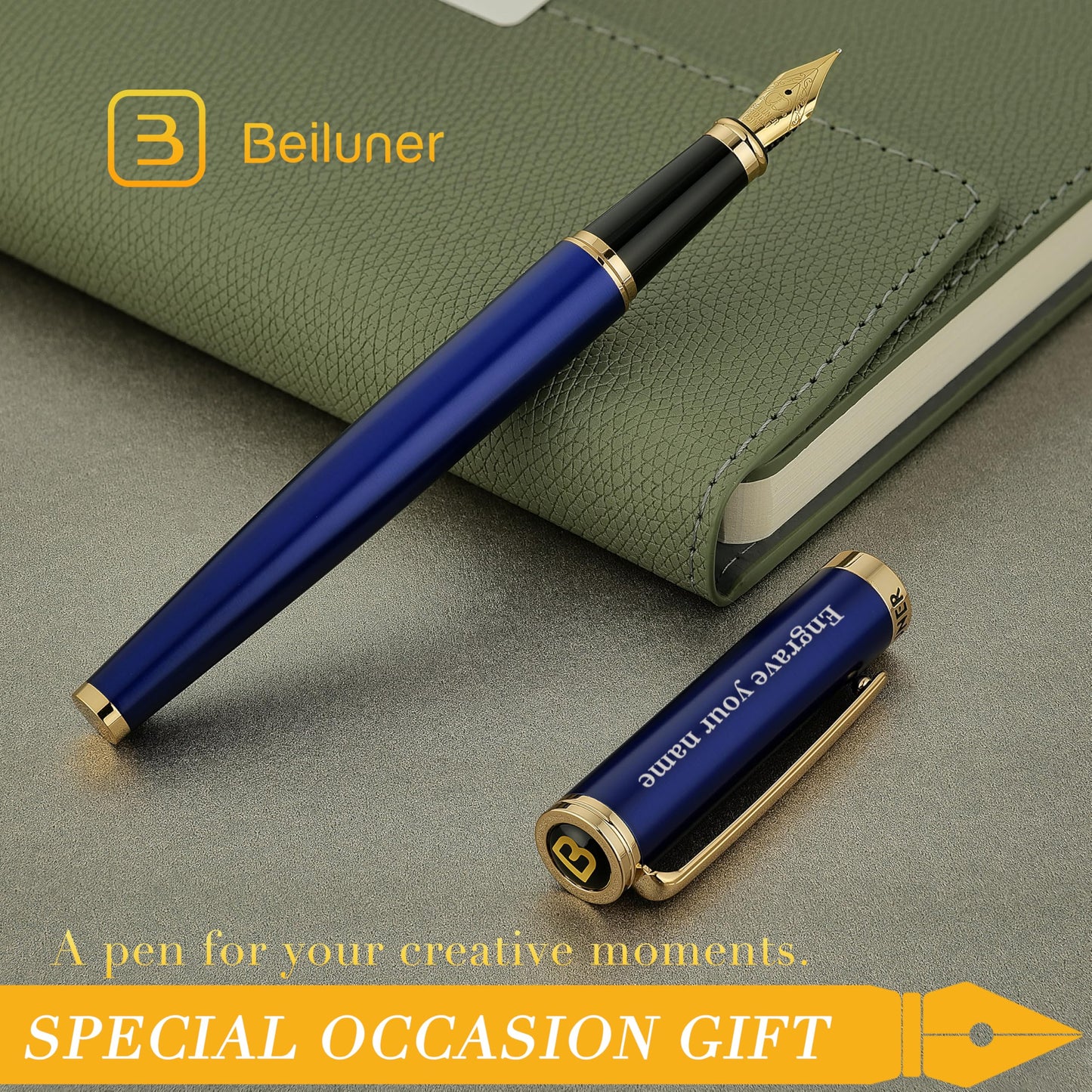 BEILUNER Blue Personalized Fountain Pen,Stunning Luxury Lacquer,24K Gilded Nib(Fine),Gorgeous 24K Gold Finish, Ink Converter,Fancy Gift for Men&Women-Elegant, Graduation,Nice Pens for Writing