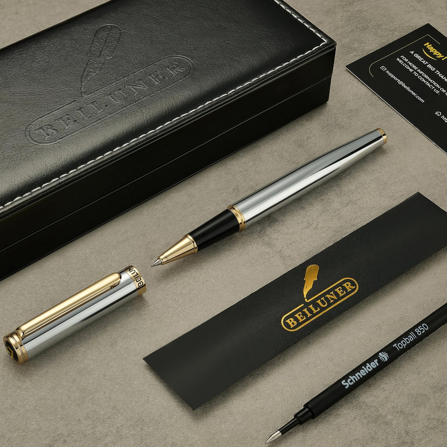 BEILUNER Silver Chrome Personalized Pen, Stunning Luxury with 24K Gold Finish,Noble and Elegant Designs,Schneider Ink Refill, Best Gift Pen for Men & Women, Graduation, Executive Office, Fancy Pens