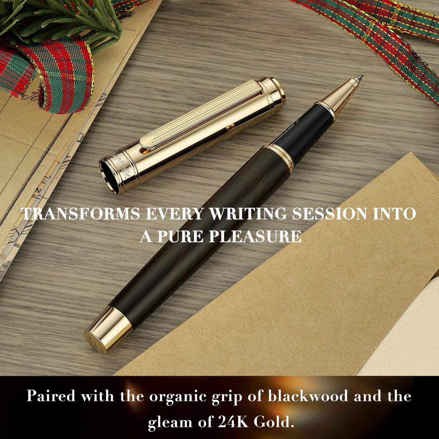 316 Luxury Journaling Pen, Nice Natural Wood for Writing, 24K Gold Accents, Schmidt refill, Fancy Rollerball, Wooden Gift Set for Men & Women, Executive & Graduation Work Christmas Pens-Blackwood