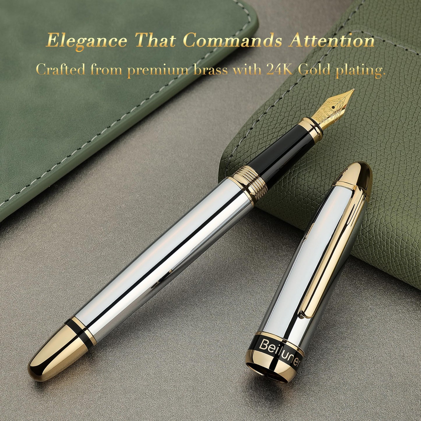 BEILUNER 315 Silver Chrome Fountain Pen,Stunning Luxury Pens with 24K Gold Accents, Gorgeous 24K Gilded Nib(Fine), Ink Converter,Fancy Pen Gift for Men&Women-Elegant, Office, Writing, Nice Design