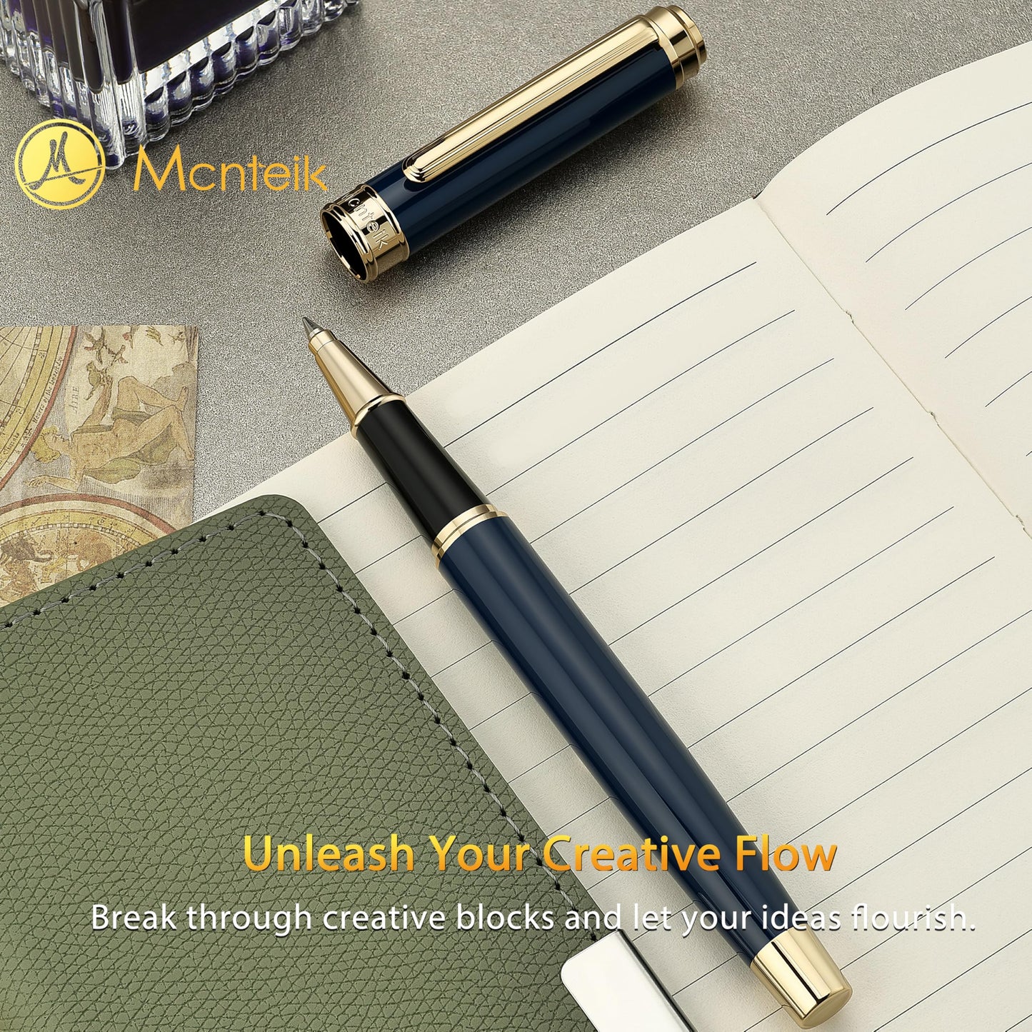 MCNTEIK 317 Rollerball - Stunning Luxury Blue Lacquer Pen with 24K Gold Finish, Schmidt Black Ink Refill, Fancy Gift Set for Men & Women, Professional, Graduation Executive Office, Nice Classic Pens
