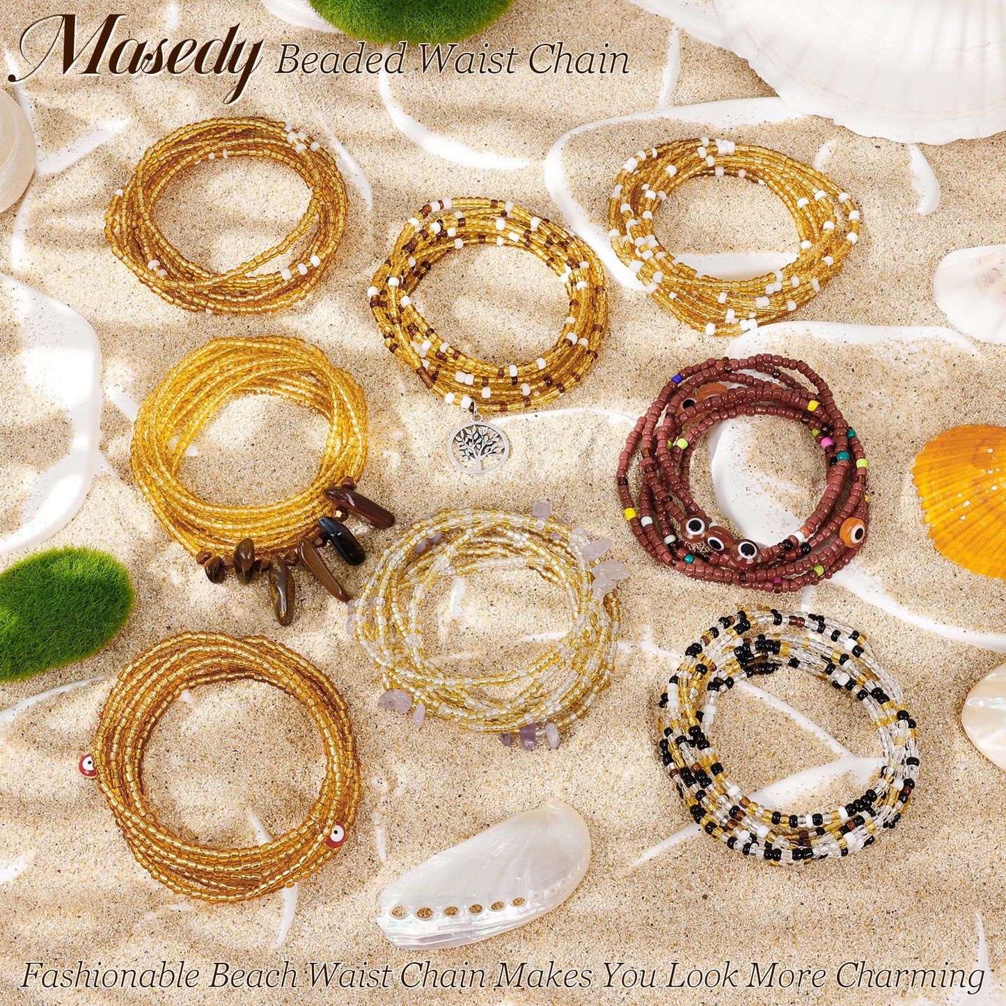 Masedy 8PCS African Waist Bead Chains for Women Layered Belly Body Chain Handmade Plus Size Beaded Belly Chain Colorful Elastic Flower Butterfly Body Chains Summer Beach Bikini Body Jewelry 31in A
