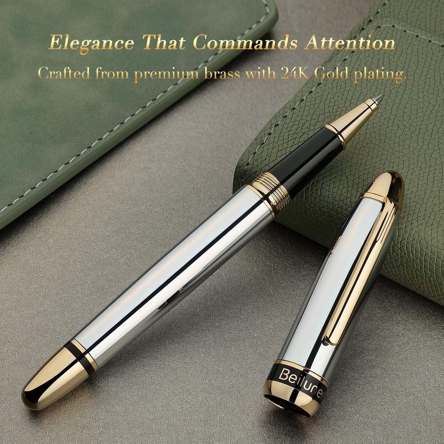 BEILUNER 315 Luxury Rollerball Pen, Stunning Silver Chrome with 24K Gold Finish, Luxury Grade Craftsmanship, Best Pen Gift Set for Men and Women, Graduation, Executive, Office, Fancy, Nice Pens