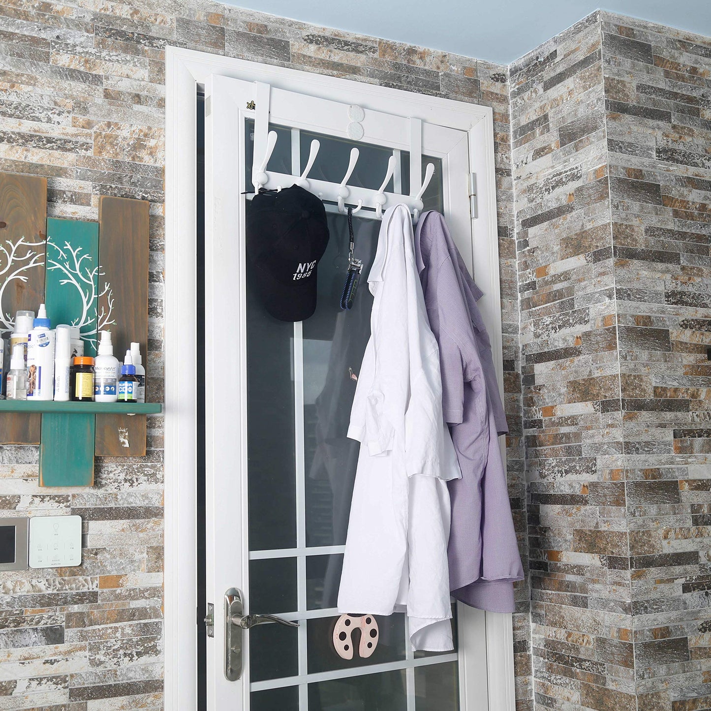 Dseap Over The Door Hook Hanger - Fits 1 3/8" to 1 3/4" Standard Doors | 5 Tri Hooks Heavy Duty Towel/Coat Rack | Door Organizer for Clothes, Jackets, Hats, Towels, White